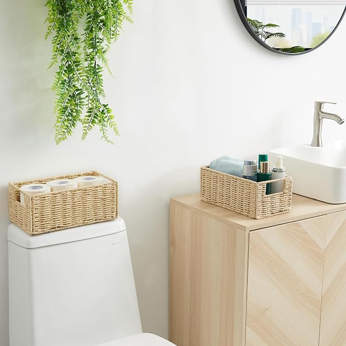 Vagusicc Wicker Storage Basket, Set of 2 Hand-Woven Paper Rope Wicker Basket, Small Storage Baskets for Organizing Toilet Paper Basket, Foldable Large Cube Storage Organizer Bins for Shelves (Beige)