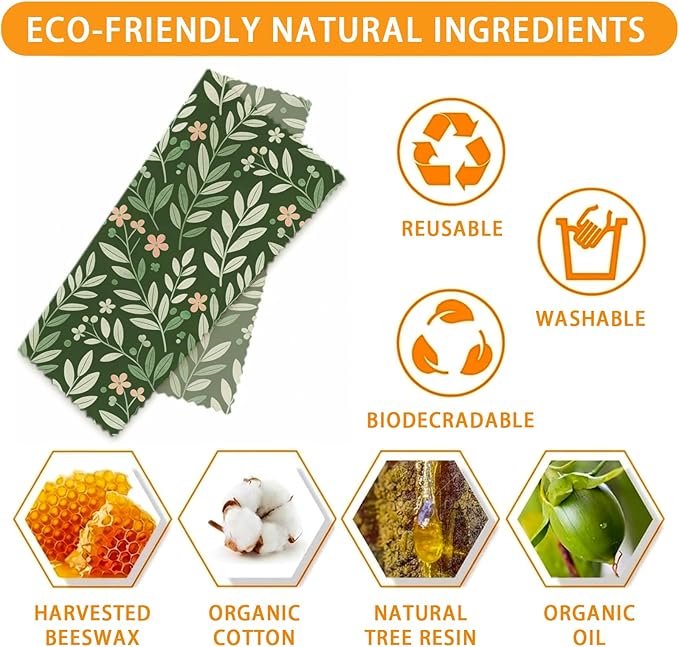 Reusable Beeswax Wraps, 9 Pack Eco-Friendly Food Storage, Organic, Sustainable, Biodegradable, Zero Waste, Plastic-Free, For Sandwich, Bowl, Bread, 1XL, 3M, 5S, Botanical Leaves Pattern