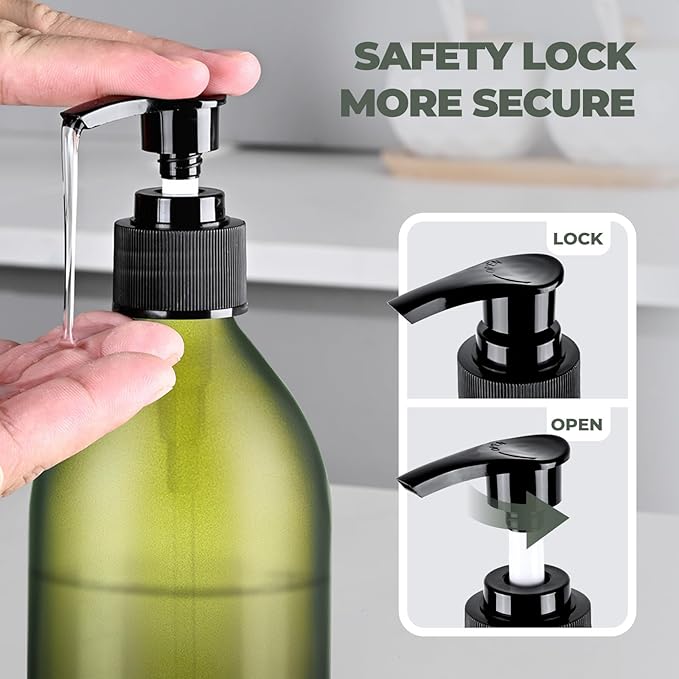 16 oz Frosted Green Glass Soap Dispenser with Pump, Glass Pump Bottle for Lotion Body Oil, 500ml Hand and Dish Soap Dispensers Set with Storage Caps, Labels - 2 Pack