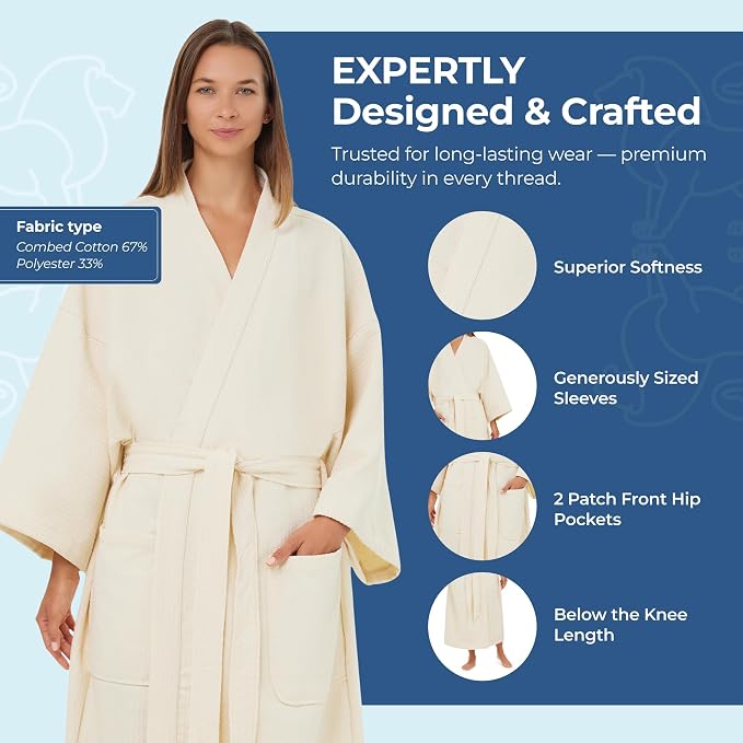 MONARCH Unisex Diamond Waffle Spa Kimono Robe – Soft Lightweight Fabric, Generously Sized Hotel & Spa Robe with Pockets