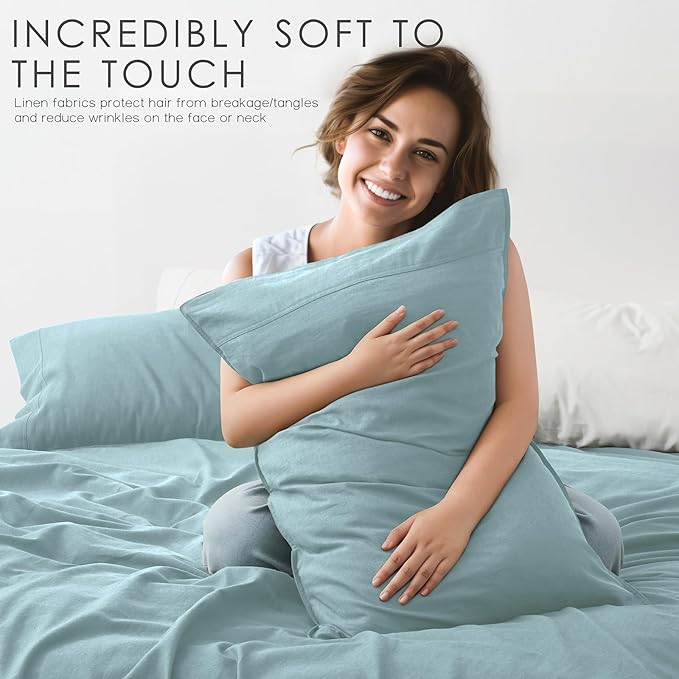 4Pcs Organic Linen Sheets Queen Size, 100% French Linen from Normandy, Breathable Sky Blue Bed Sheets Queen Sheet Set with 16 Inch Deep Pocket, 1 Flat Sheet, 1 Fitted Sheet, 2 Pillowcases