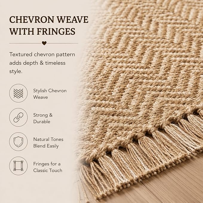 Chevron Weave with Fringes Woven Runner Rug 2x6 Feet - Beige, Boho Farmhouse Polyester Fibre Area Runners for Hallways, Kitchen, Living Room | Brown Reversible Corridor Space Large Floor Décor Mat