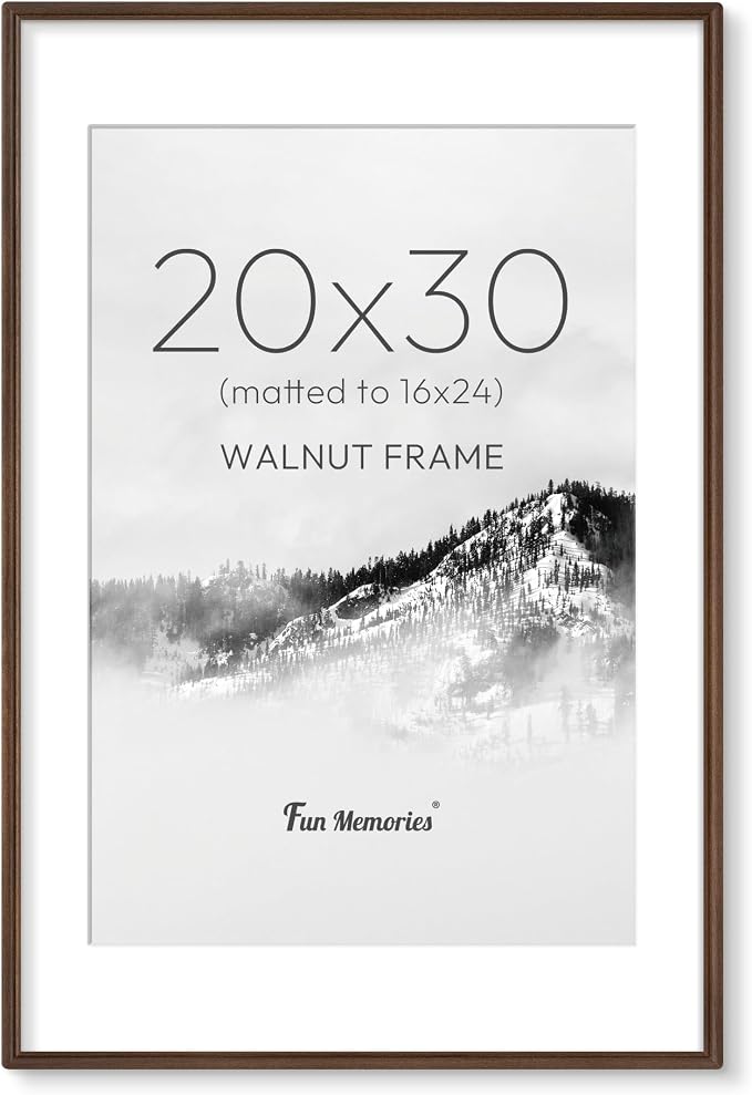20x30 Picture Frame with Mat for 16x24, USA-Sourced Walnut Wood Handcrafted Rounded Corner with HD Tempered Glass, 20 x 30 Gallery Wall Frames for Posters & Art Prints, Vertically or Horizontally