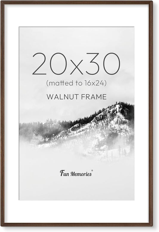 20x30 Picture Frame with Mat for 16x24, USA-Sourced Walnut Wood Handcrafted Rounded Corner with HD Tempered Glass, 20 x 30 Gallery Wall Frames for Posters & Art Prints, Vertically or Horizontally