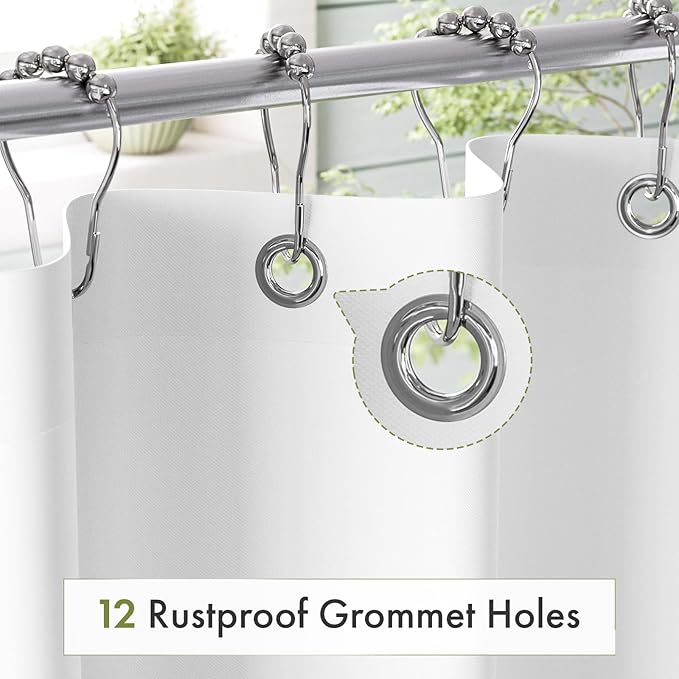 Amazer White Shower Curtain Liner 72x74 Inches, Fabric Shower Liner Cloth with Weighted Stones, Washable Shower Curtain and Liner 2-in-1, 120G Heavy Duty, 12 Grommet Holes