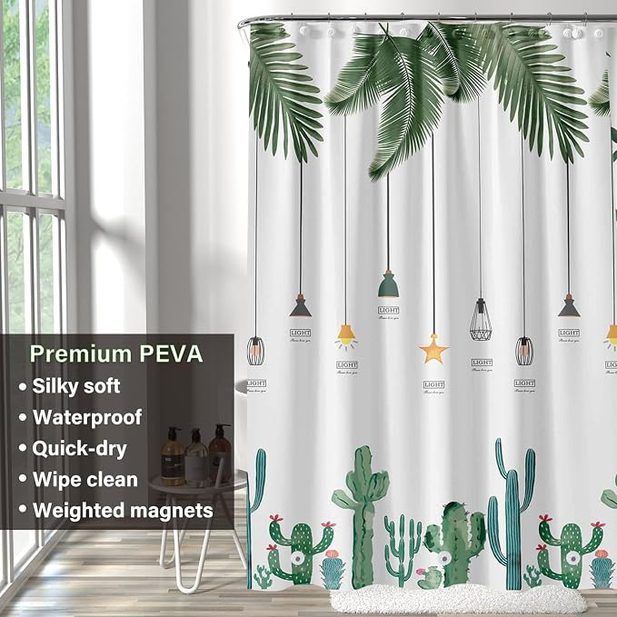 Plastic Shower Liner - Premium PEVA 6G Thickened Shower Curtain Liner with Rustproof Grommets and 3 Weighted Magnets, Waterproof Shower Curtain for Bathroom(Tropical Leaf, 72”*72”)