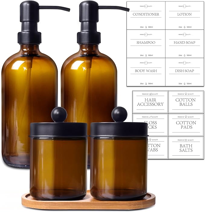 Bathroom Accessory Set 5 Pcs, 2 Pcs 16oz Amber Glass Soap Dispensers with Stainless Steel Pumps, 2 Pcs Qtip Holder Dispensers with Waterproof Labels & Bamboo Tray