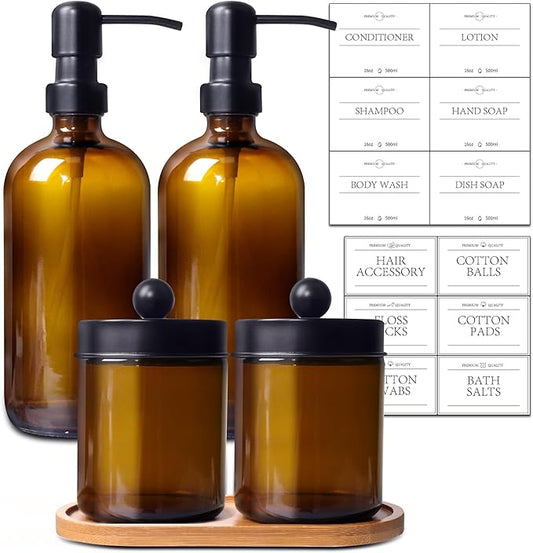 Bathroom Accessory Set 5 Pcs, 2 Pcs 16oz Amber Glass Soap Dispensers with Stainless Steel Pumps, 2 Pcs Qtip Holder Dispensers with Waterproof Labels & Bamboo Tray