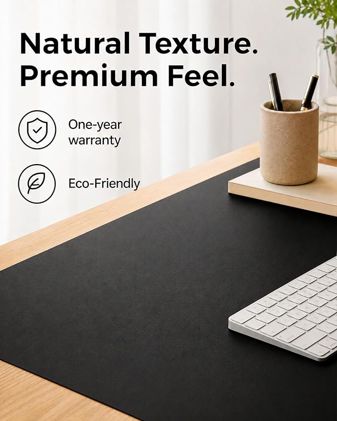 Aothia Cork Desk Mat - Dual-Sided XL PU Leather Desk Pad & Full Desk Protector, Large Waterproof Desktop Mat for Office & Gaming (47" x 23.6", Black)