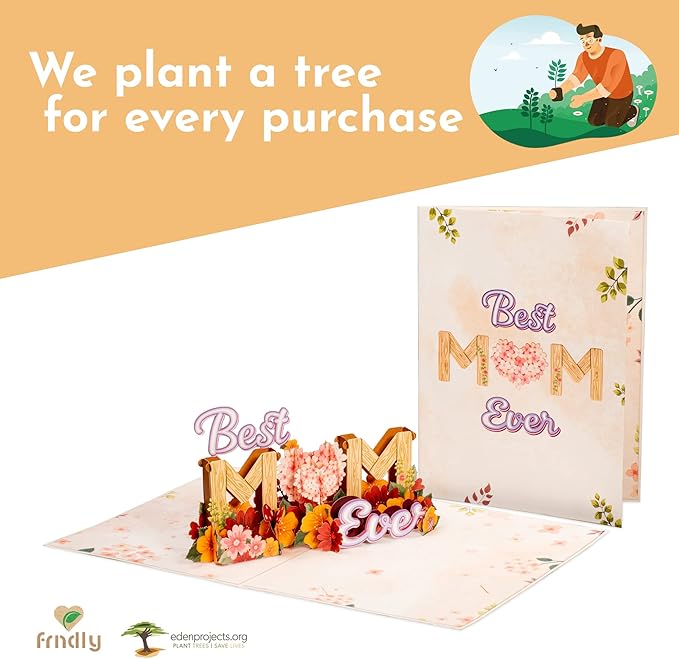 Paper Love Frndly 3D Mothers Day Pop Up Card, Best Mom Ever, For Mother, Wife, Anyone - 100% Recycled and Eco-Friendly - 8" x 6" Cover - Includes Envelope and Note Tag