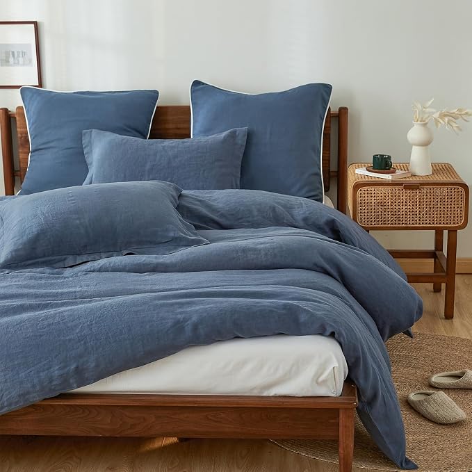 Simple&Opulence 100% Linen Duvet Cover Set, 3 PCS Classic Blue Duvet Cover Queen Size, Breathable Soft Comfy Linen Bedding Comforter Cover with 2 Pillowcases(Classic Blue, 88"x92")