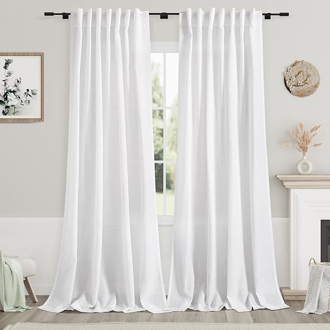 Nanspring White Linen Curtains 2 Panels Set for Living Room 110 Inches Long Extra Long Back Tab Curtains Farmhouse Light Filtering Semi Sheer Linen Drapes Ceiling to Floor for Large Window 52x110