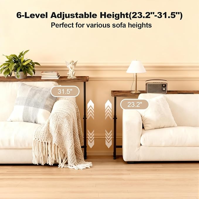 Faesun 70.9 Inch Vacuum Forming Behind Couch Table, 24"-32" Adjustable Height Range, Behind The Couch Table with Outlet, Adjustable Console Table, Narrow Long Sofa Table, for Living Room, Brown