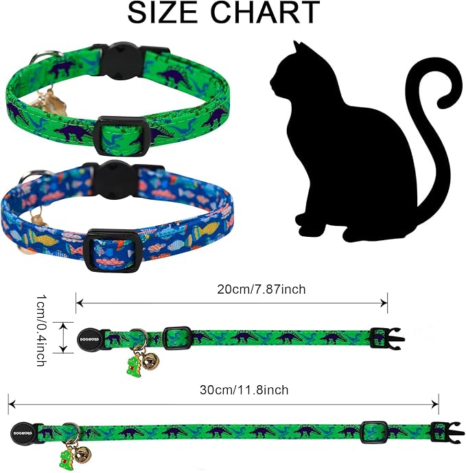 2 Pack Cotton Kitten Collars with Bells and Removable Charms, Cute Dinosaurs Collar for Indoor Boy, Girl and Adult Cats，Adjustable Kitten Collar 7-12 Inch