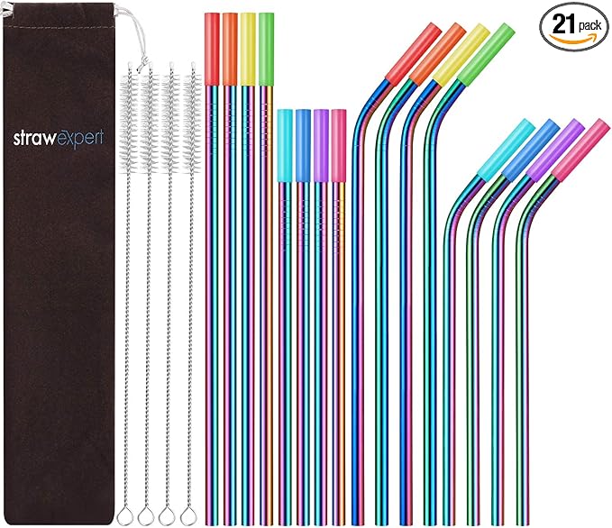 StrawExpert Set of 16 Reusable Stainless Steel Straws with Travel Case Cleaning Brush Silicone Tips Eco Friendly Extra Long Metal Straws Drinking for 20 24 30 oz Tumbler, Rainbow
