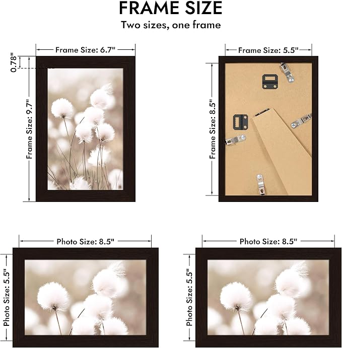 Hongkee 5.5x8.5 Oak Wood Picture Frame (1 Pack, Black) Real Glass Cover | 5.5 x 8.5 Solid Wood Frame for Wall or Tabletop Display - Includes Easel Back, Vertical Hang - Ideal for Home, Office