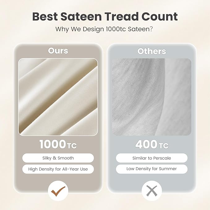Sophia & William 1000 Thread Count Egyptian Cotton Sheets California King, 100 Percent Cotton Sheets Sateen Weave, 16" Deep Pockets, All-Season 4 Piece Silky Sheet - Ivory