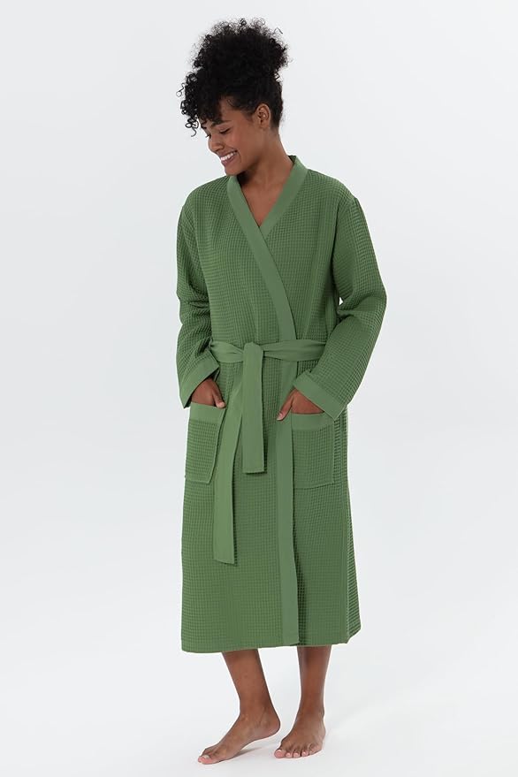 SEYANTE Women's Organic Cotton Waffle Kimono, Hooded Robe – GOTS Certified Lightweight Full-Length Spa Bathrobe with Piping