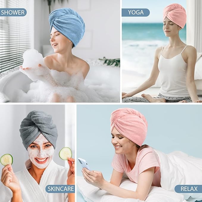 Microfiber Hair Drying Turban Towels, Pack of 3 (Blue-Pink-Grey)