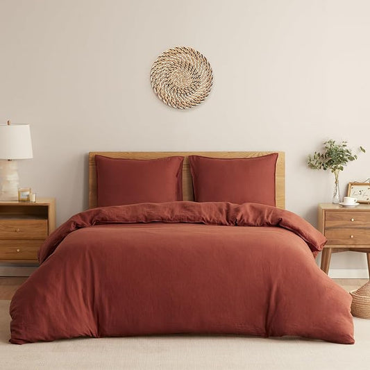 DAPU 100% Linen Duvet Cover Set - Pure Natural French Flax Linen with Corner Ties and Zipper Closure Soft Breathable Durable for Hot Sleepers 1 Duvet Cover 2 Pillowcases (Rust Red, Queen/Full)