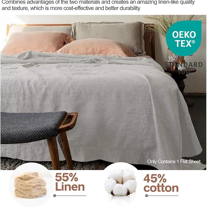 BISELINA Linen Sheet French Flax Flat Sheet Only 55% Euro Linen 45% Cotton Basic Style Solid Color Soft Breathable Farmhouse Top Sheet 1-Piece (Queen, Grey)