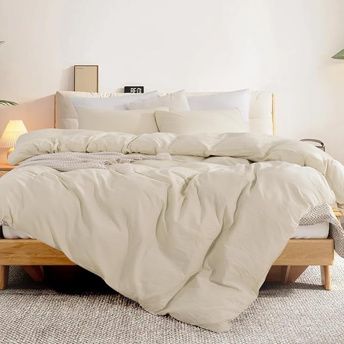 NEXHOME PRO Duvet Cover Set 100% Washed Cotton Oversized King 120"x98" Linen Feel Textured Organic 3 Pieces Bedding Set with Zipper Closure and Corner Ties, Breathable(Cream Grey, No Comforter)