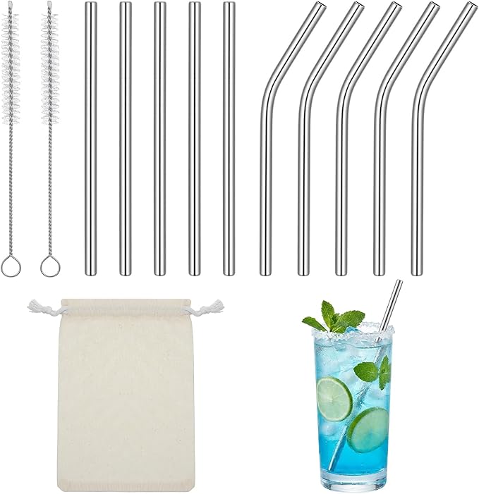 Ymapinc 10 Pack Short Metal Straws, Straight & Bent Stainless Steel Reusable Straws with 2 Cleaning Brush for Coffee Mugs, Juice Cups, Glasses