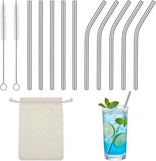 Ymapinc 10 Pack Short Metal Straws, Straight & Bent Stainless Steel Reusable Straws with 2 Cleaning Brush for Coffee Mugs, Juice Cups, Glasses