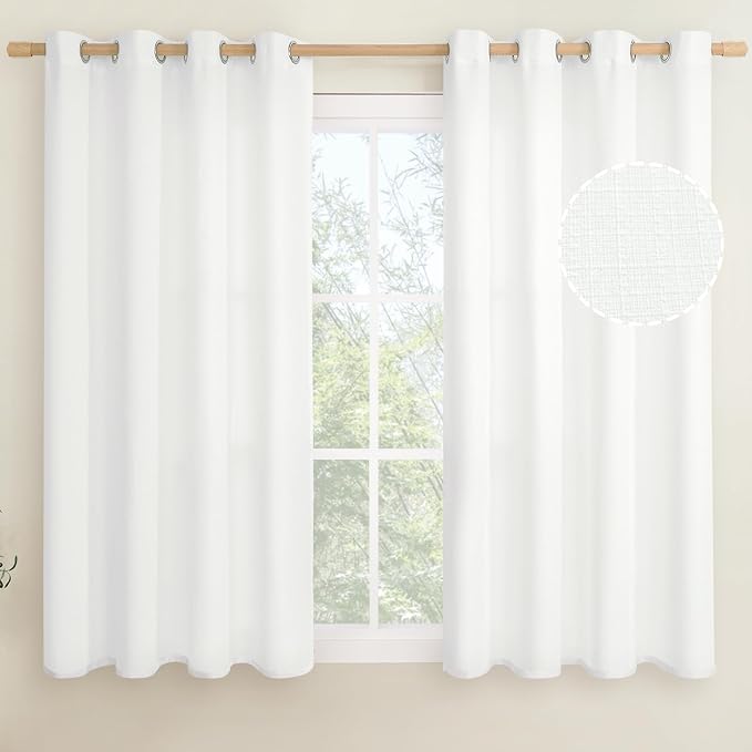 LAMIT White Linen Curtains for Bedroom 45 inch Length 2 Panels, Linen Textured Thermal Insulated Curtains Burlap Privacy Grommet Window Drapes for Living Room/Farmhouse, Set of 2 Panels, W52 x L45