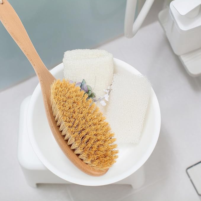 Mobestech Back Exfoliating Brush with Stiff Plant Bristles, Long Handle Bath Body Scrubber for Shower and Dry Brushing, Natural Beech Wood Back Scrubber for Deep Cleansing
