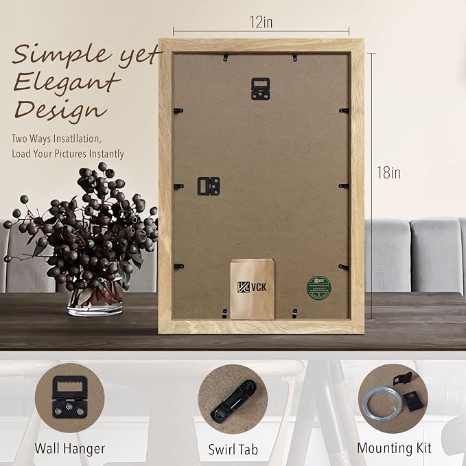 VCK 12x18 Frame Set of 3, Natural Solid Wood Beige Picture Frame with Exclusive Wood Grain,Wall Mounting for Home Decor