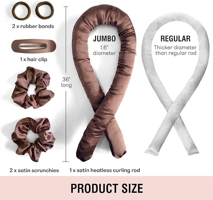 Jumbo Heatless Hair Curler Set-Satin Heatless Curls Overnight, Jumbo Curling Rod Headband, No Heat Curlers To Sleep in (Brown)