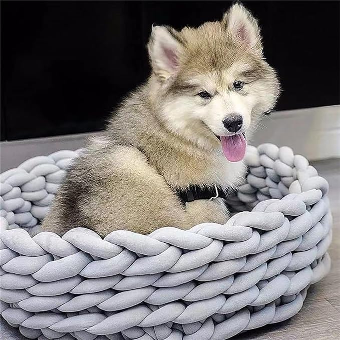 Woven Dog Bed Basket, Knitted Cotton Cat Bed Round Washable Woven Cat Pet Bed Chunky Dog Basket, Orthopedic, Chunky Knit Dog Nest,Dog Bed,Dog Cave,Dog Bedding(Green,17")