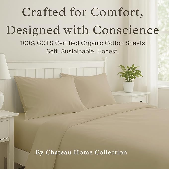 100% Organic Cotton King Bed Sheets Set - Luxury Sateen Weave 300 TC 4 Piece Deep Pocket King Sheets Fits Upto 17", GOTS Certified Naturally Cool Soft Breathable & Comfy Sheet & Pillowcase Sets,- Tan
