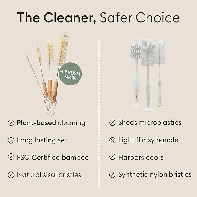 Vove Bottle Brush Set, 4 Natural Sisal Bottle Brushes with Long Bamboo Handles, Plastic-Free Bottle & Straw Cleaner Set, Zero Waste, Stainless Steel Wire, FSC Certified Bamboo, Kraft Packaging