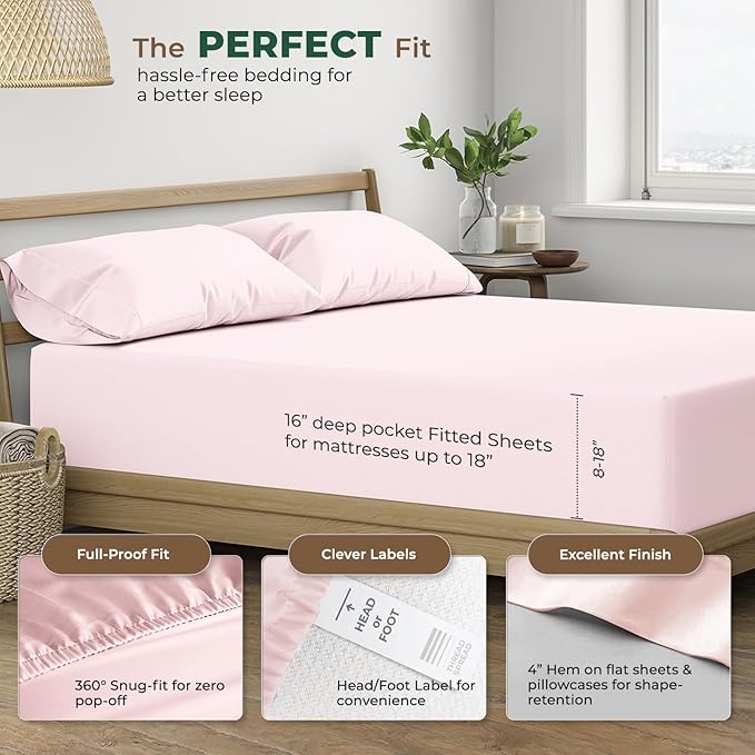 THREAD SPREAD 100% Organic Cotton Sheets Twin XL Size - 3 PC Organic Cotton Twin XL Size Percale Weave Sheet Set, Soft, Cooling, Crisp & Breathable, 16" Deep Pocket Bedding Set for Dorm Room - Blush
