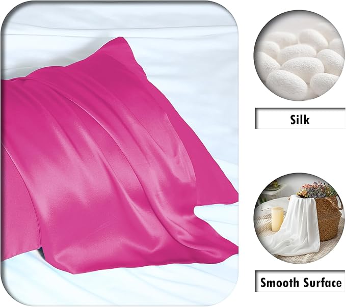 Mulberry Silk Pillowcase for Hair and Skin Standard Size 20"X 26" Pillow Case with Hidden Zipper Soft Breathable Smooth Cooling Silk Pillow Covers for Sleeping (Hot Pink,Standard,1Pcs)