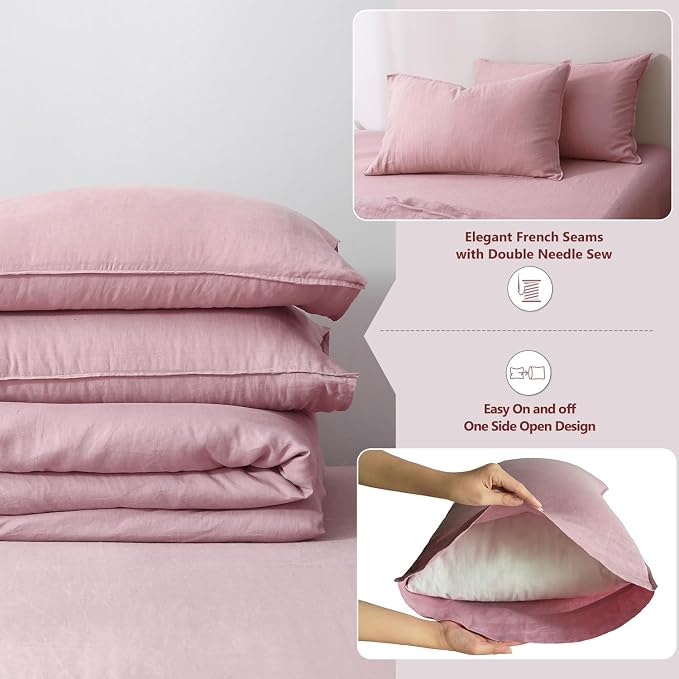 S VICTORY SYMBOL 100% Organic Linen Duvet Cover Set 3PCS King Size,Stone Washed Natural French Flax Bedding,1 Duvet Cover and 2 Pillowcases,Farmhouse Bedding Set(Pink Lavender)