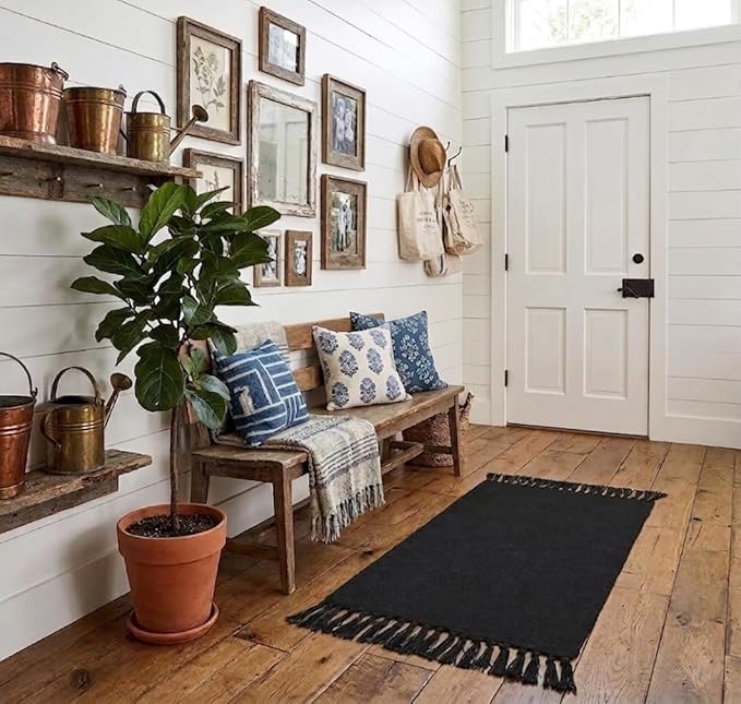Seavish Black Kitchen Rugs, 2x4 Washable Bathroom Rug Runner, Cotton Recycled Woven Area Rug, Boho Throw Rugs with Tassles, Braid Farmhouse Accent Carpet for Laundry Porch Entryway Front Door Mat