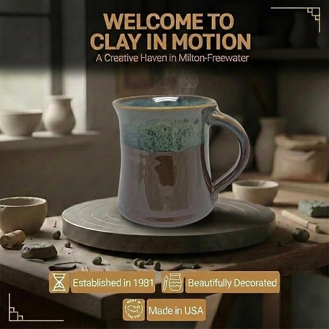 Clay in Motion Handmade Ceramic Mug 16 oz, Medium Coffee Mug, Hand Painted Stoneware, Dishwasher Microwave & Oven Safe, Lead-Free, Made in USA Since 1981 (Mocha)