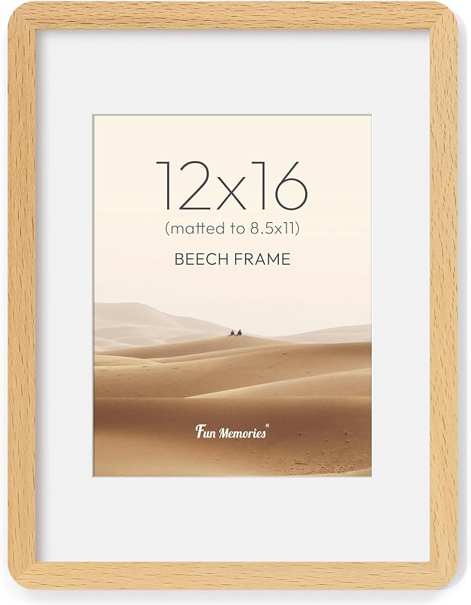 Fun Memories 12x16 Picture Frame - Solid Beech Wood 12x16 Poster Frame with Real Glass, 12 By 16 Picture Frame with Mat for 8.5x11, Horizontal or Vertical Wall Display, Natural Beech