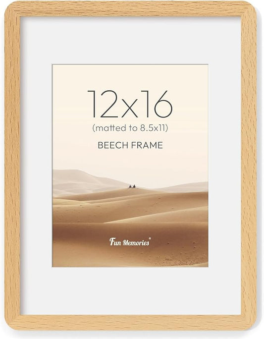 Fun Memories 12x16 Picture Frame - Solid Beech Wood 12x16 Poster Frame with Real Glass, 12 By 16 Picture Frame with Mat for 8.5x11, Horizontal or Vertical Wall Display, Natural Beech