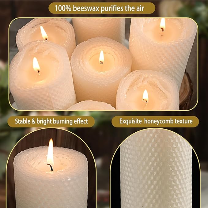 4 Pack Beeswax Pillar Candles, 2.8x6 Inch 180 Hours Hand-Rolled White Large Beeswax Candles, Handmade Pure Bees Wax Honeycomb Bees Wax Candle for Prayer, Unscented Candles (2.8x6 in)