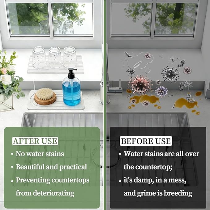 2 PCS Water Absorbing Diatomite Coasters, Stone Drying Mat for Kitchen Counter, Quick Dry Stone Mat Trays for Bathroom Kitchen Counter, Soap Dish Tray Used for Hand Soaps (White, 8.3" x 4")