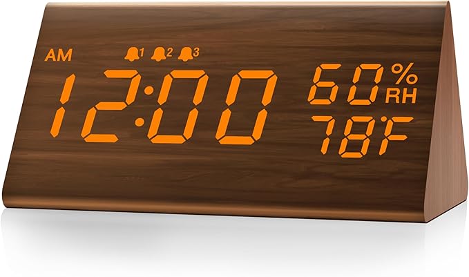 JALL Wooden Digital Alarm Clock for Bedroom, 3 Alarms with Large Numbers, Humidity and Temperature Display, 6-Level Dimmer, Snooze, Loud Desk Clock for Heavy Sleepers, Plug in (Brown)