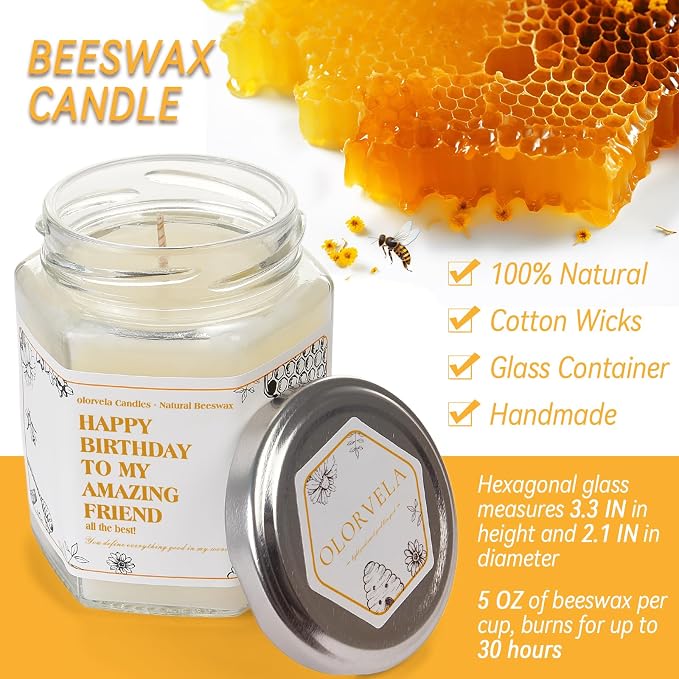 Happy Birthday Beeswax Candle, Best Friend Personalized Birthday Gifts for Women, Men, Mom, Dad, Sister, Teacher, Friends, Pure Natural Beeswax Candles (White)