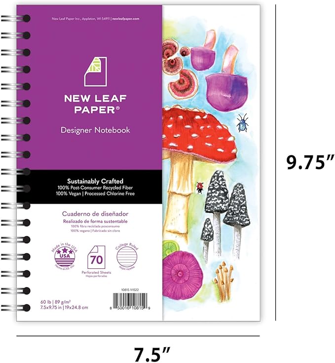 Small Spiral Bound Recycled Notebook, Mushrooms Design, 9.75" x 7.5", 70 Sheets, Double-Wire, College Ruled, Vegan, Made in USA