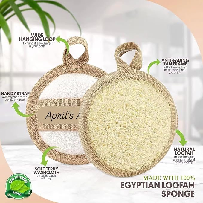 April's Angels 100% Natural Egyptian Loofah. Eco Friendly Exfoliating Scrubers for Body and Face. Natural Bathing Loofah for the Entire Family. Large Size (Set of 3 + 1 Exfoliating Face pad)