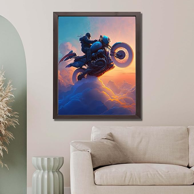 InkFlow Posters Motorcycle Rider Poster - Futuristic Biker in the Clouds - Surreal Sunset Art for Living Room, Bedroom, Home - Adventure-Themed Graphic Print - 18x24 Unframed Canvas Print