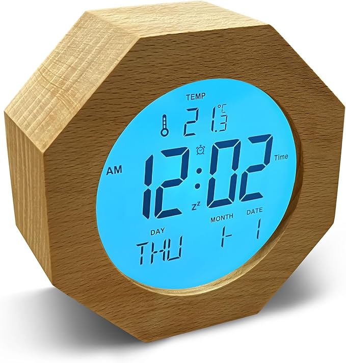 JoFomp Wooden Alarm Clock for Bedroom, 4'' LCD Nightlight Small Digital Clock Battery Operated, Loud Alarm Clock for Heavy Sleepers, Alarm Bedside Clock with Temp/Snooze/Date/Week/Countdown - 12/24H